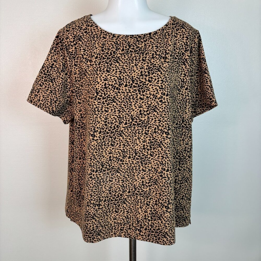 Lands' End Top Large Leopard Tan Black Short Sleeve Shirt Stretch‎ Women's